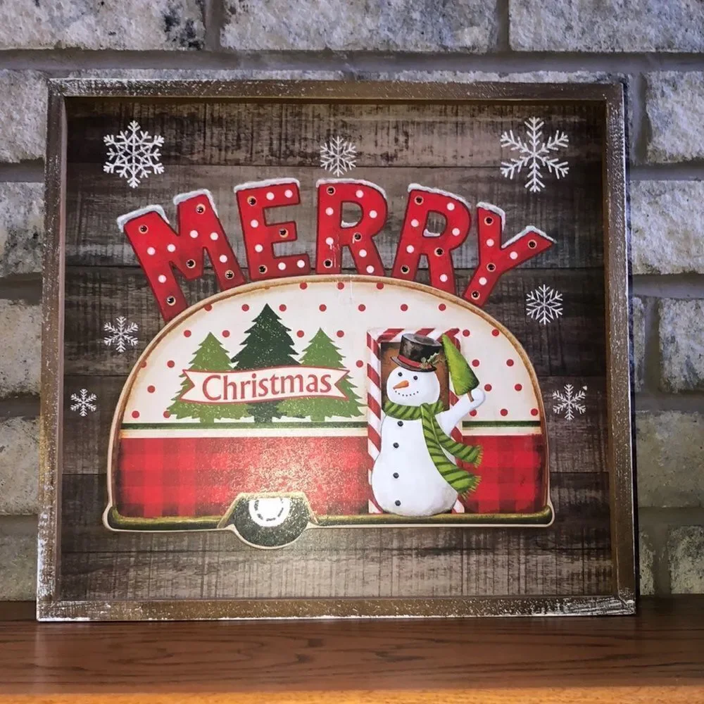 Shabby Chic Merry Christmas Camper Snowman Wooden Light up Picture
